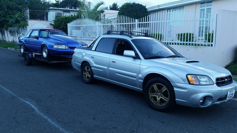 From Miguel Baera’s Facebook page- his Baja Turbo towing a Foxbody drag car.